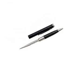 Comparison of silver and black executive pen knives, showing one closed and one open with blade exposed.