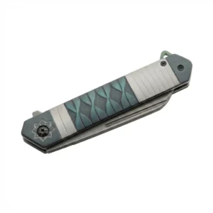 Closed aluminum folder showing black pocket clip and glass breaker pommel