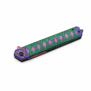 Closed Kokushibo folding knife showing purple and green handle pattern.