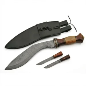 Damascus steel kukri knife with olivewood handle and studded guard