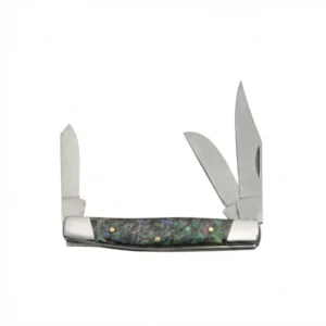 Open 3-blade Multi-Blade Pocket knife displaying stainless steel clip point sheepsfoot and spey blades.