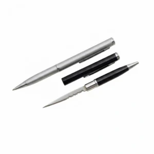 Silver executive pen knife in closed position, designed to look like a standard writing instrument.