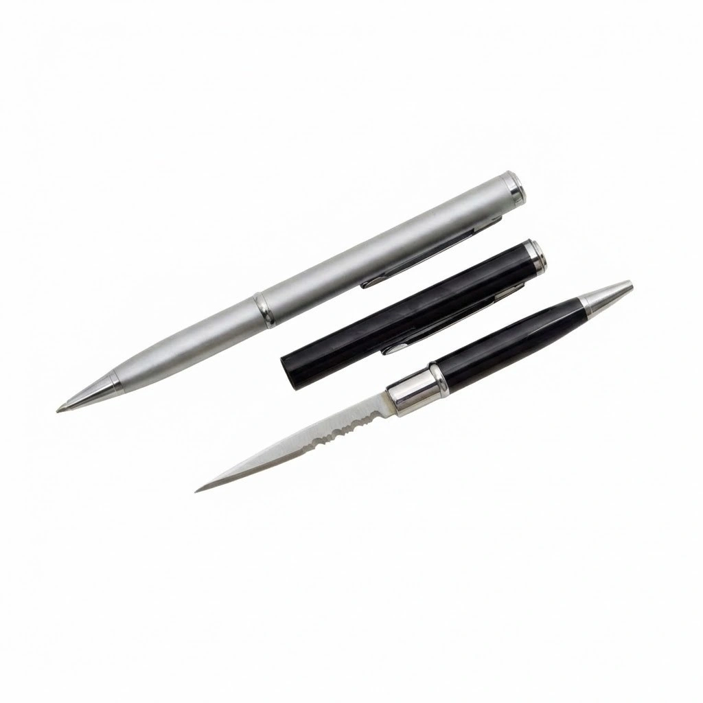 stainless-steel-pen-knife-silver-closed. Silver executive pen knife in closed position, designed to look like a standard writing instrument.
