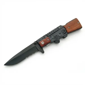 Open folding pocket knife featuring a black serrated drop point blade and a handle designed to mimic an AK-47 rifle receiver with wood scales.