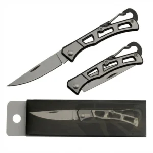Skeletonized Stainless Steel EDC carabiner knife showing the closed carry position, open blade profile, and retail packaging.