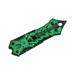 Closed green fantasy knife with black pocket clip