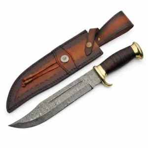 Full view of hand-forged Damascus knife with layered Damascus steel blade and stacked leather handle.