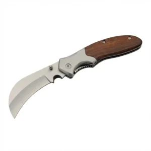 Open hawkbill folding knife displaying the curved stainless steel blade and ergonomic wood handle with steel bolster.