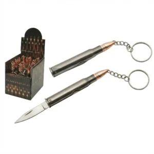 Comparison view of a bullet-shaped keychain knife showing both the closed casing profile and the open blade position.