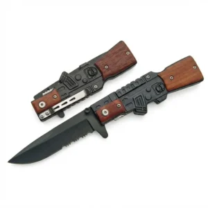 Pair of AK-47 style folding knife showing both the closed profile with pocket clip and the open position with a black serrated blade.