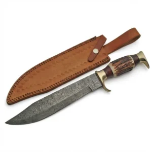 Full profile view of Damascus Bowie hunting Knife Stag Wood Handle with brass guard