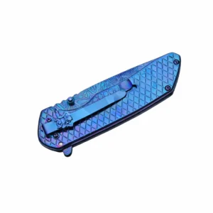 Stainless steel drop point blade with blue wave laser etching