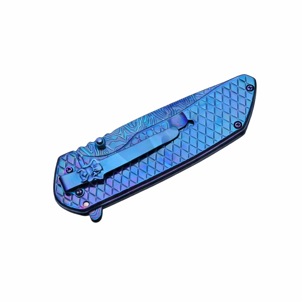 blue-drop-point-blade-pattern-detail Stainless steel drop point blade with blue wave laser etching