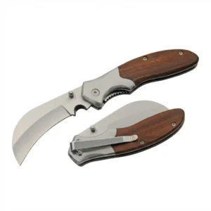 Composite view showing the steel bolster hawkbill knife in both open and closed positions for size and profile comparison.