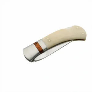Closed traditional pocket knife showing bone scales and wood spacer