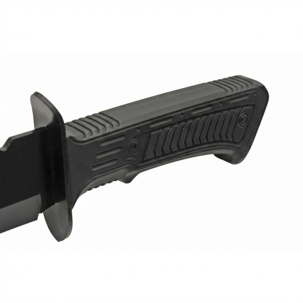 abs-handle-grip-texture-bowie Textured grip detail on black ABS handle of sawback bowie knife.