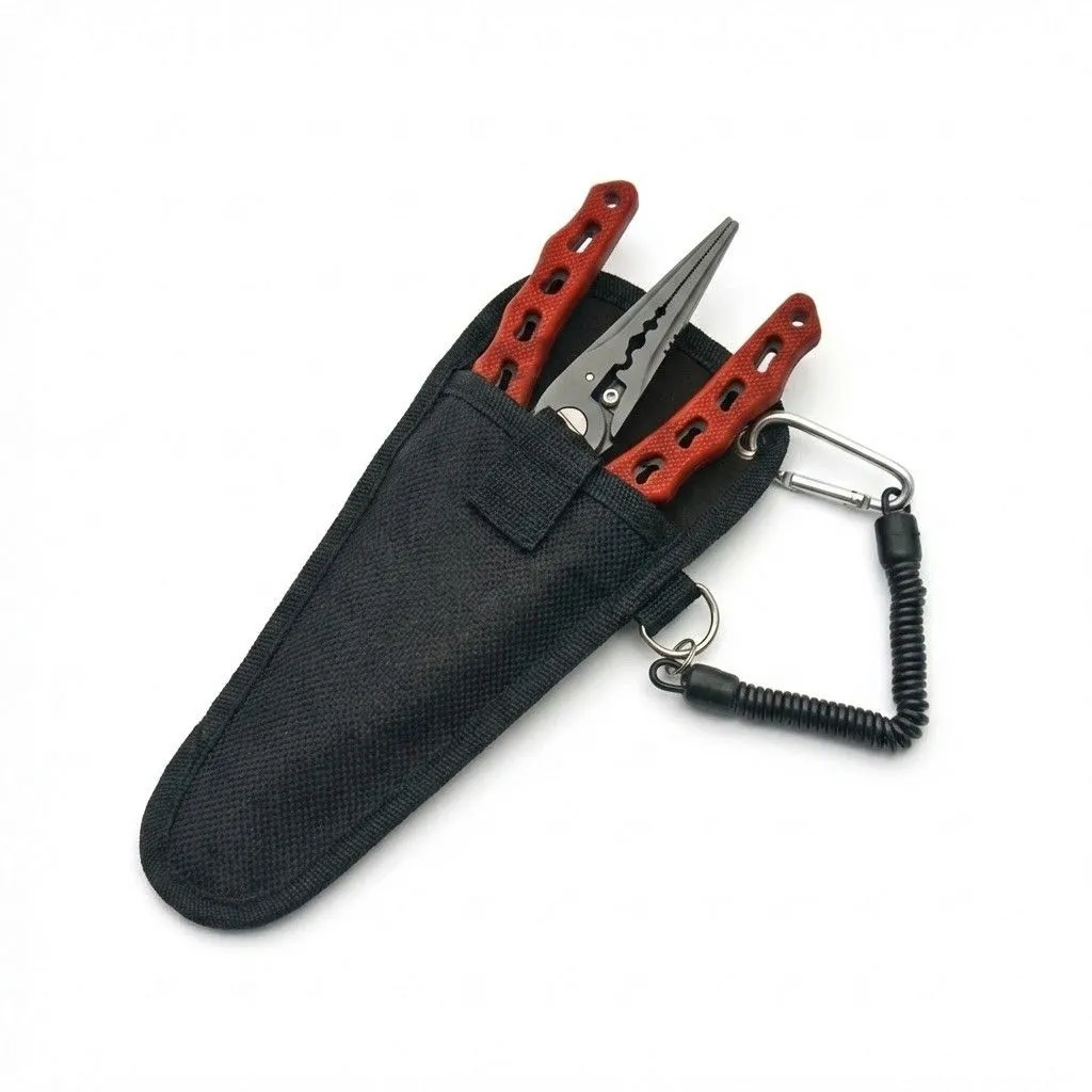 red-fishing-tool-in-sheath-carry-system Fishing pliers secured in black belt sheath with safety lanyard attached.
