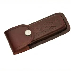 Brown leather knife sheath with decorative lattice pattern