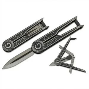 Masonic Paratrooper knife showing the closed profile, fully open blade, and partially unfolded mechanism.