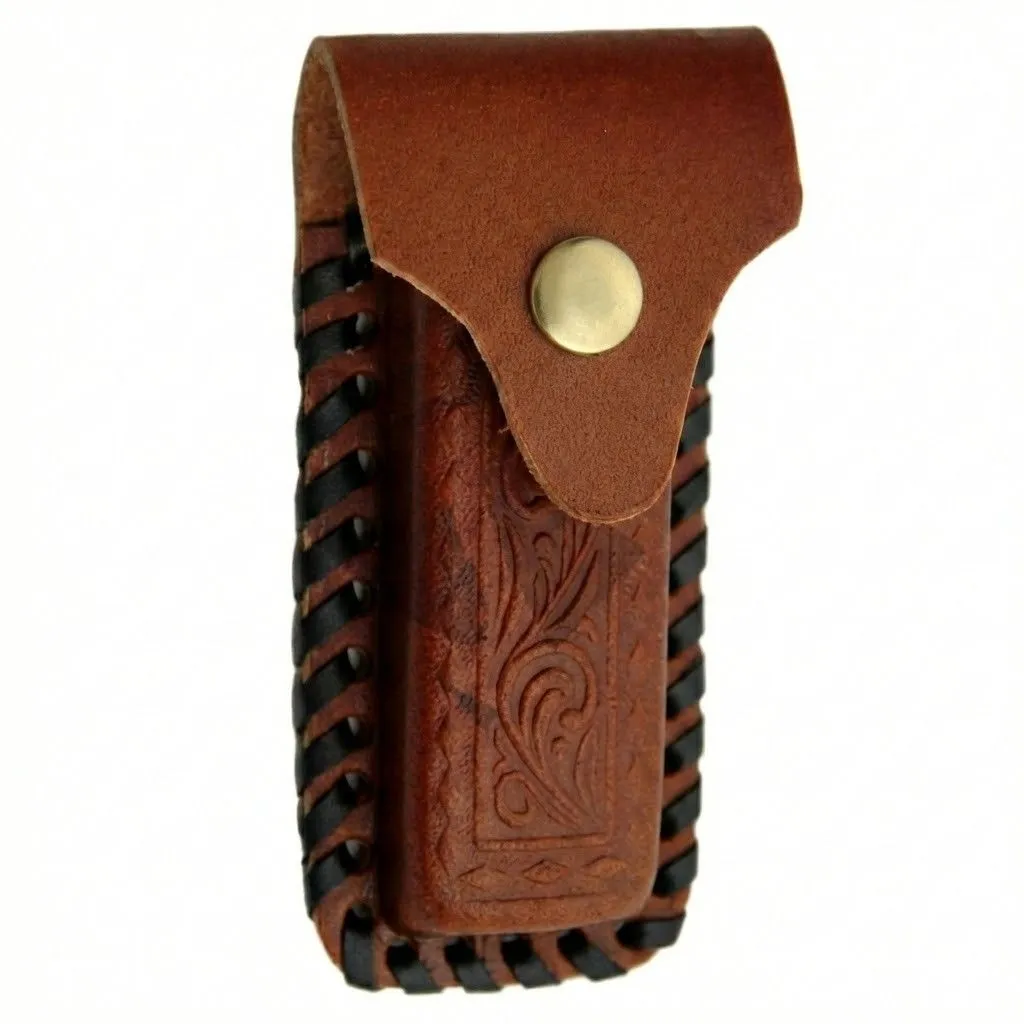 traditional-leather-sheath-kit Bone handle knife displayed with leather belt sheath