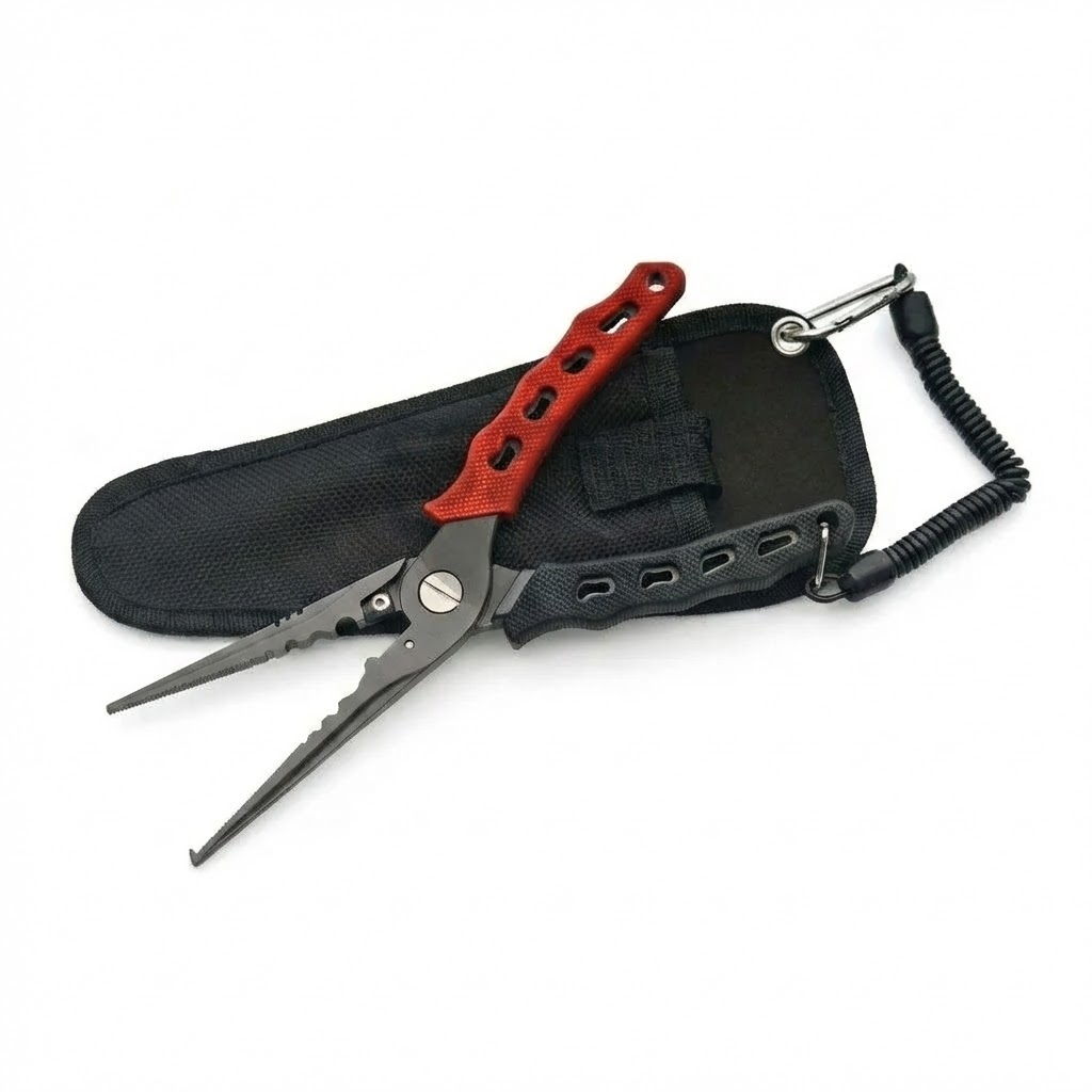 red-aluminum-fishing-pliers-sheath-lanyard Red aluminum fishing pliers with black sheath and coiled lanyard.