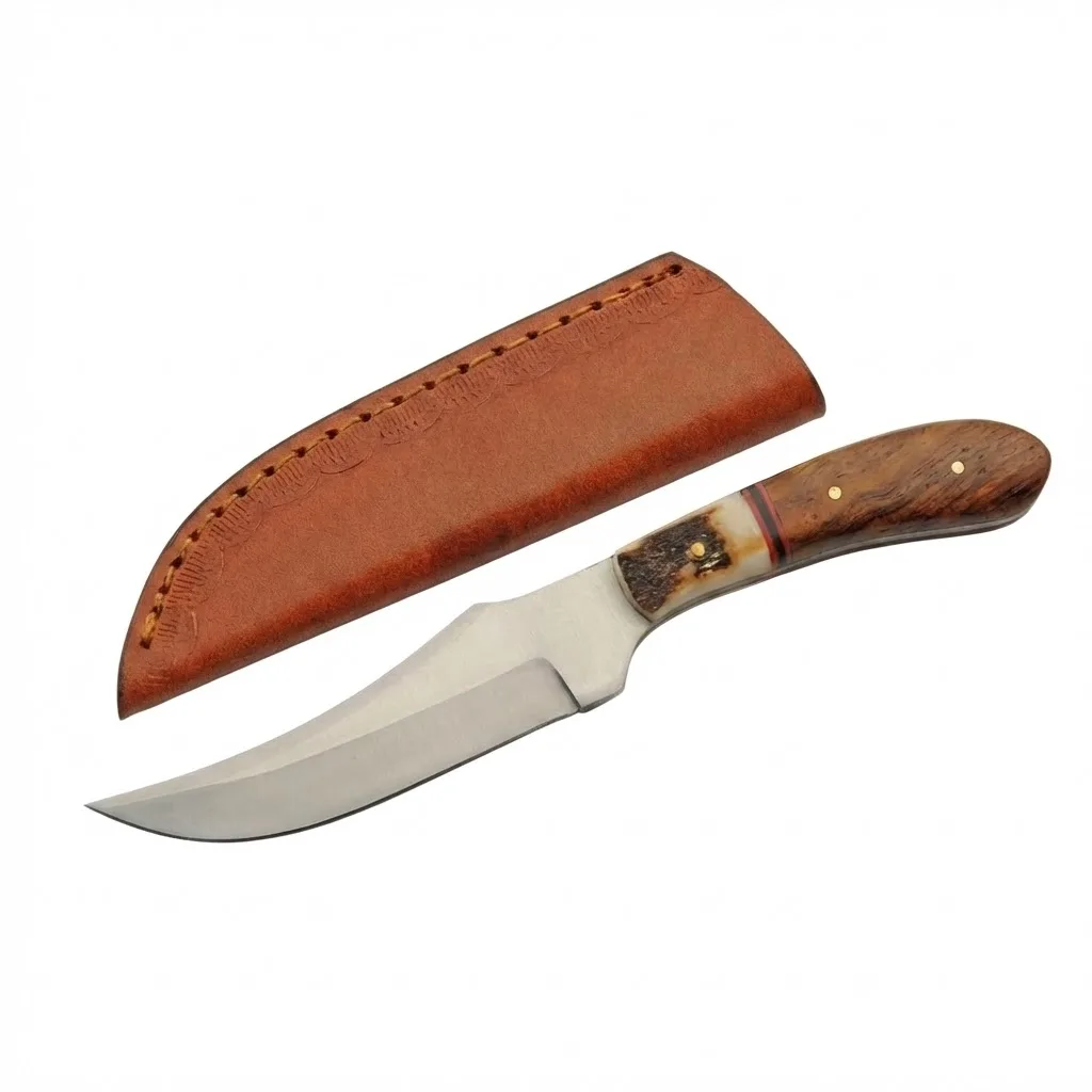 axevar-stag-wood-skinner-knife-leather-sheath 7.25 inch full tang hunting knife with genuine stag bone and wood handle next to premium brown leather sheath.