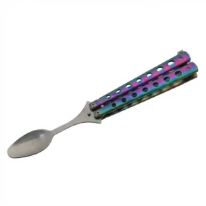 Open butterfly style spoon with iridescent spectrum coating, displaying the deep spoon bowl and vented handle design for grip and balance.
