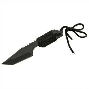 Profile view of black Tanto Survivor fixed blade featuring serrated spine and black cord-wrapped handle for grip.