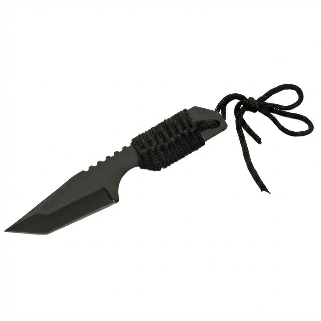 axevar-black-tanto-fixed-blade-cord-wrapped-handle Profile view of black Tanto Survivor fixed blade featuring serrated spine and black cord-wrapped handle for grip.