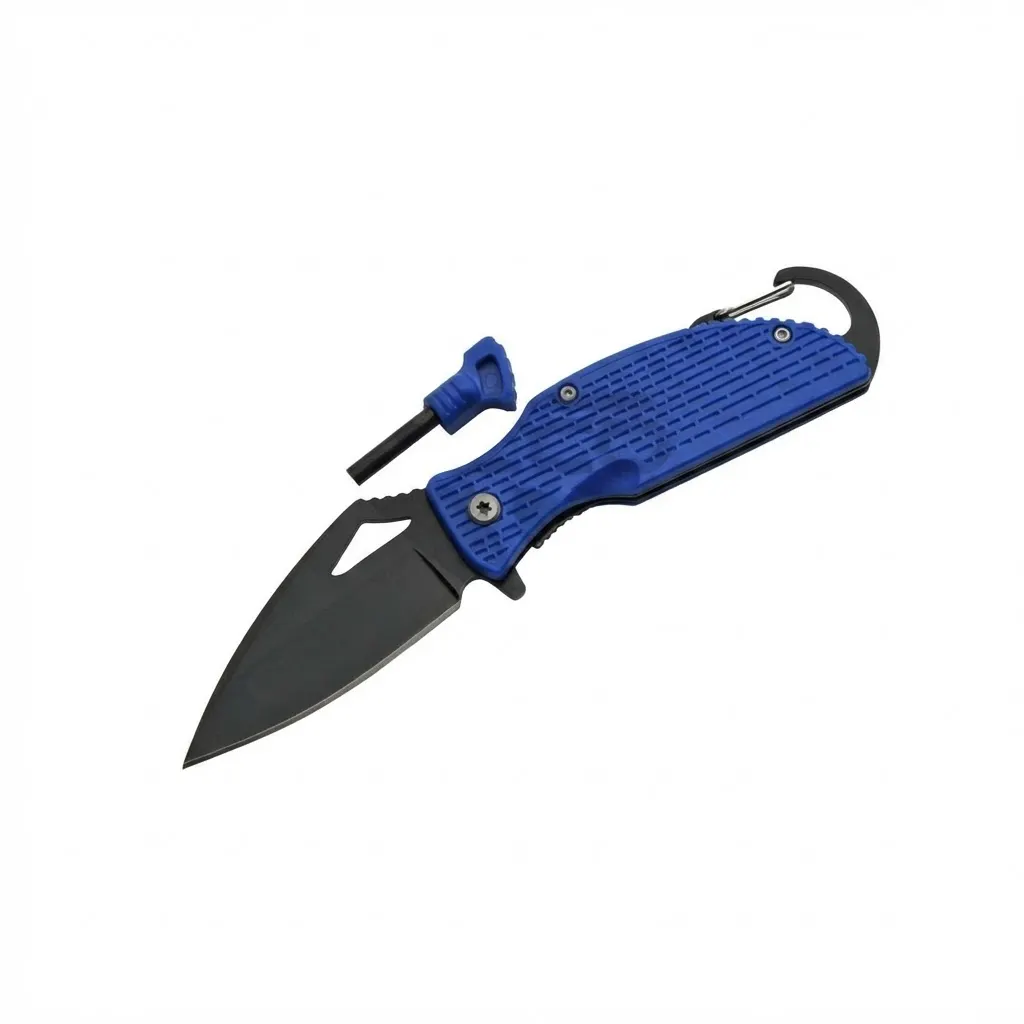 blue-camping-folder-closed-carabiner Closed Blue ABS folding knife with integrated carabiner clip.