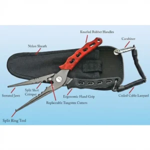 Close up of open fishing pliers showing split ring tip and carbide cutters.