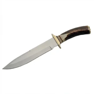 Side view of the Frontiersman Hunter bowie knife featuring a curved stag handle, brass guard, and polished clip point blade.