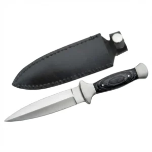 Black Wood Tactical Boot Knife full view with leather sheath.