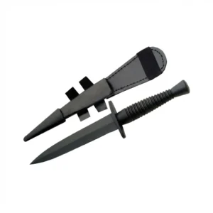 Black commando double edge dagger fixed blade with leather sheath.