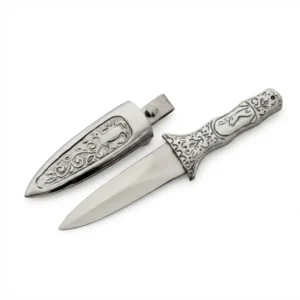 Silver boot dagger with decorative metal handle and sheath.