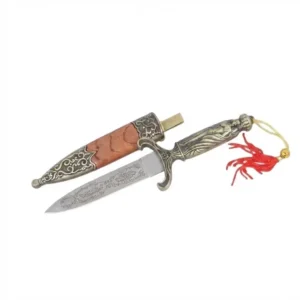 Decorative Mongolian style dagger with stainless steel blade and brass finish handle.