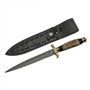 Damascus stag handle hunting dagger with a stag horn handle and brass guard, shown next to its black stitched leather sheath.