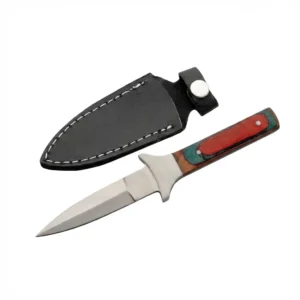 Concealed Carry Boot Knife with color wood handle and black leather sheath.