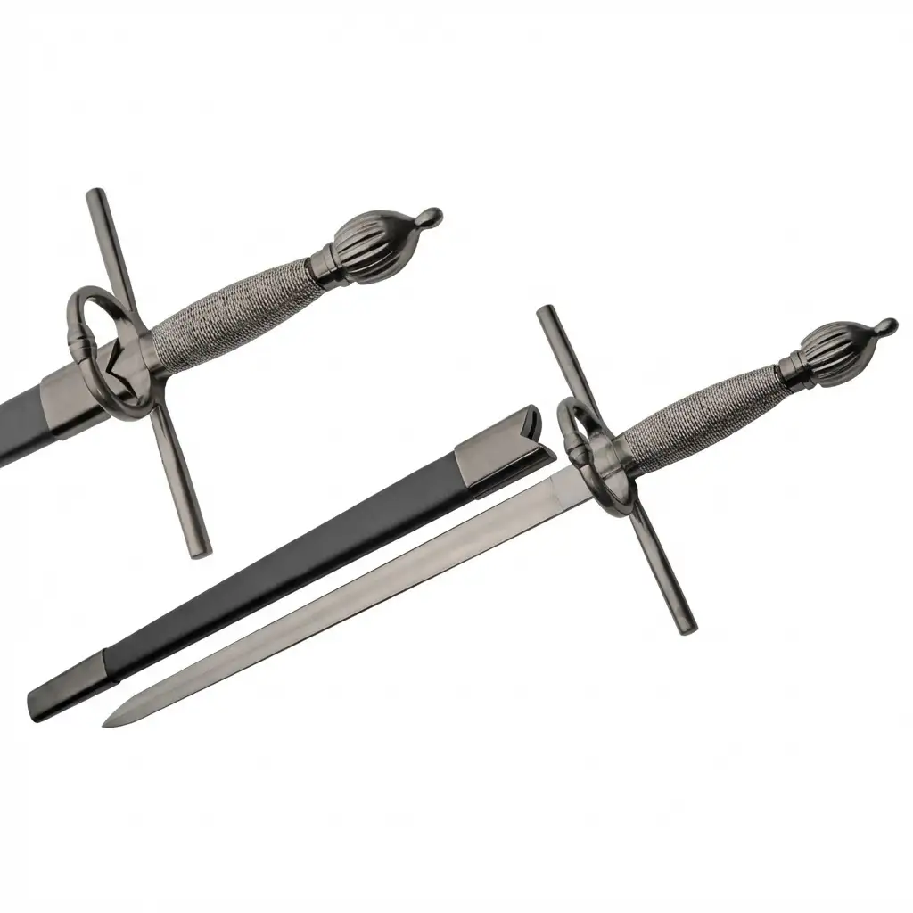 rapier-dagger-stainless-steel-display-knife Full view of stainless steel medieval rapier dagger with ring guard.