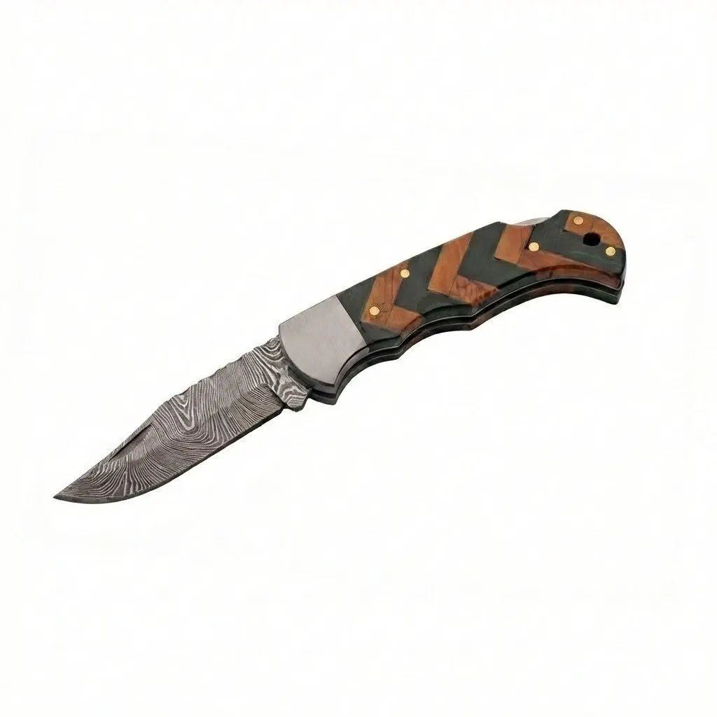 damascus-wood-folding-knife-chevron-handle-open-profile Gentleman's Pocket folding knife showing Damascus blade and chevron wood handle.