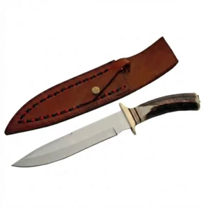 The Frontiersman Bowie knife with stag handle and leather sheath.