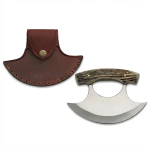 Alaskan stag handle ulu knife next to brown leather belt sheath.