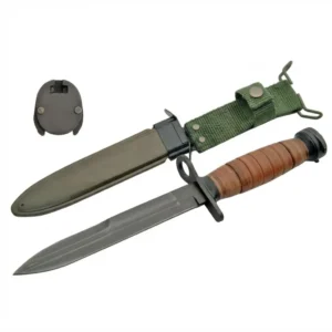 12-inch M3 Trench Knife Replica with stacked leather handle and OD green sheath.