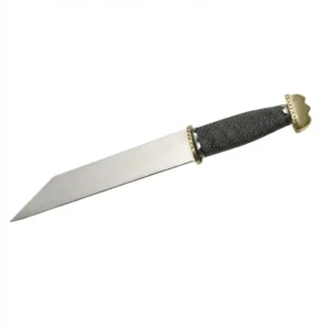 Close up of brass pommel and wire wrapping on the knife handle.