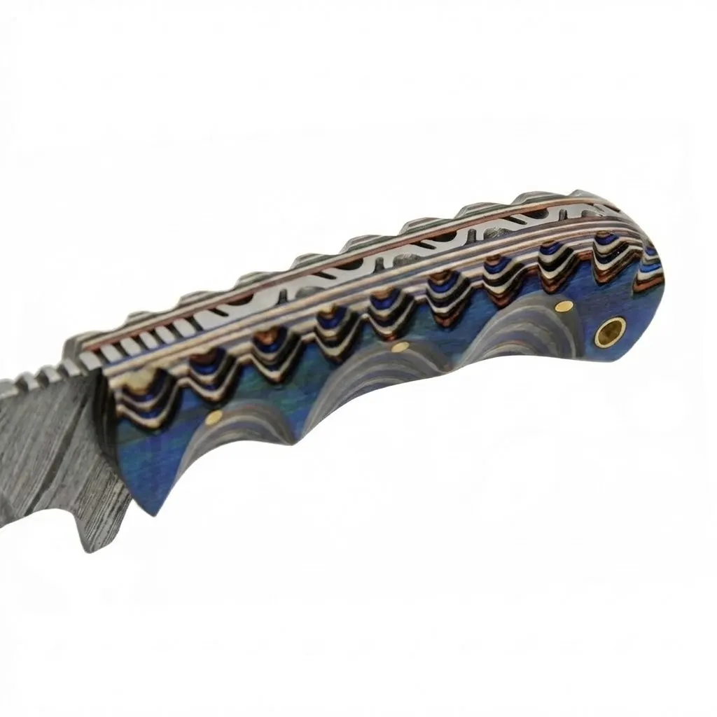 blue-river-hunter-layered-handle-scales Close-up angled view of Blue River Hunter knife handle featuring blue and brown layered scales with brass pins.