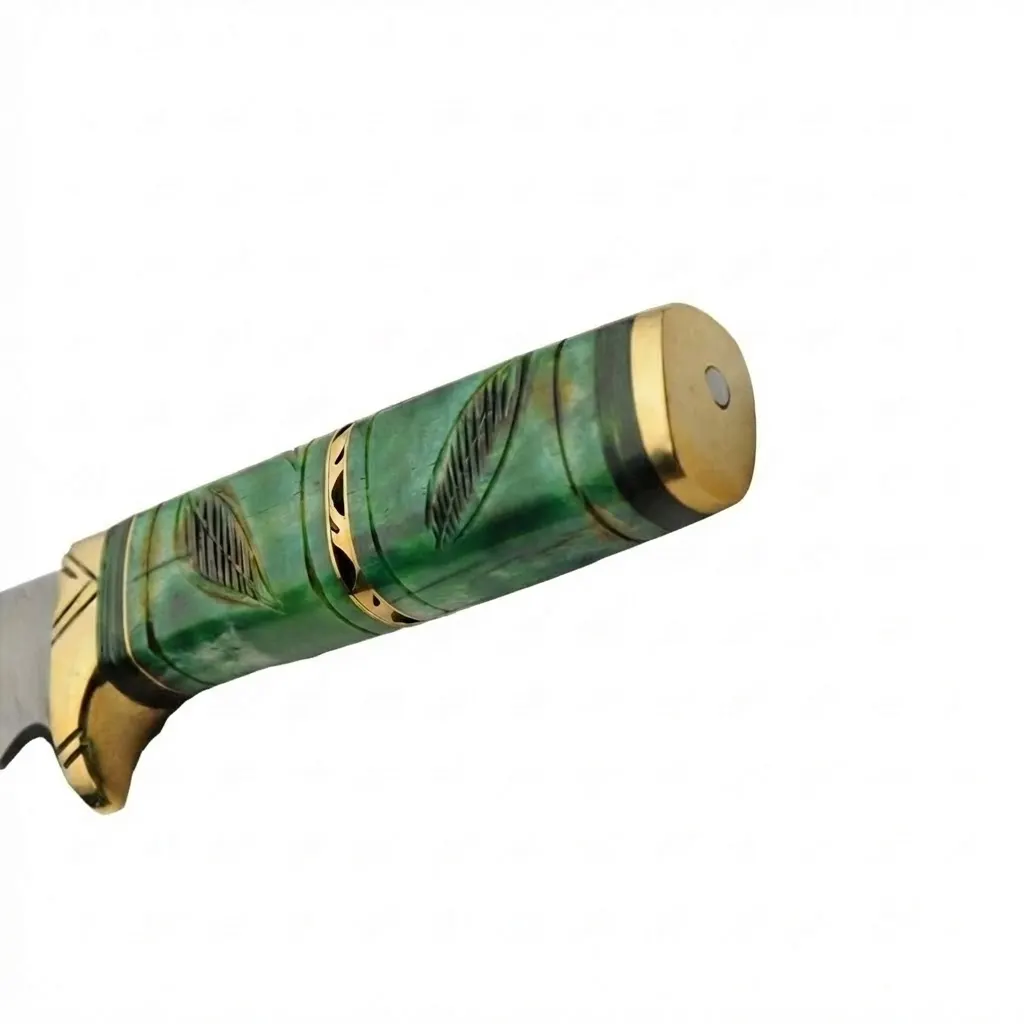 damascus-hunting-knife-green-handle-pommel Rear view close-up of the green handle and brass pommel on the Damascus hunting knife showing leaf carvings.