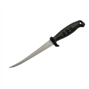 Stainless steel coastal fillet knife with a black ergonomic handle and serrated spine for marine fish processing.