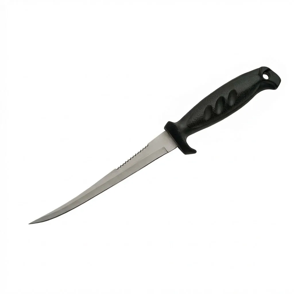 oastal-fillet-knife-black-handle Stainless steel coastal fillet knife with a black ergonomic handle and serrated spine for marine fish processing.