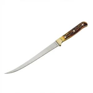 Full profile of a faux stag fillet knife featuring a long curved stainless steel blade and textured handle on a white background.