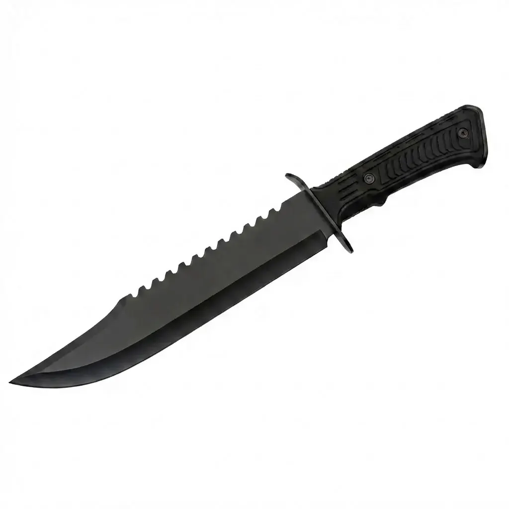 dont-tread-on-me-bowie-sawback-spine Black stainless steel Don't Tread On Me Bowie knife featuring a fixed blade with a serrated sawback spine.